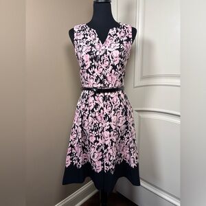Luxe by Carmen Marc Valvo Pink and Black Floral Sleeveless Dress with Belt Sz 2